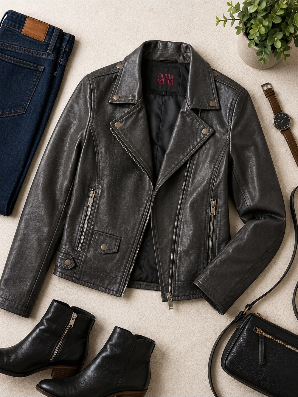 Olivia Miller Charcoal Black Leather Moto Jacket